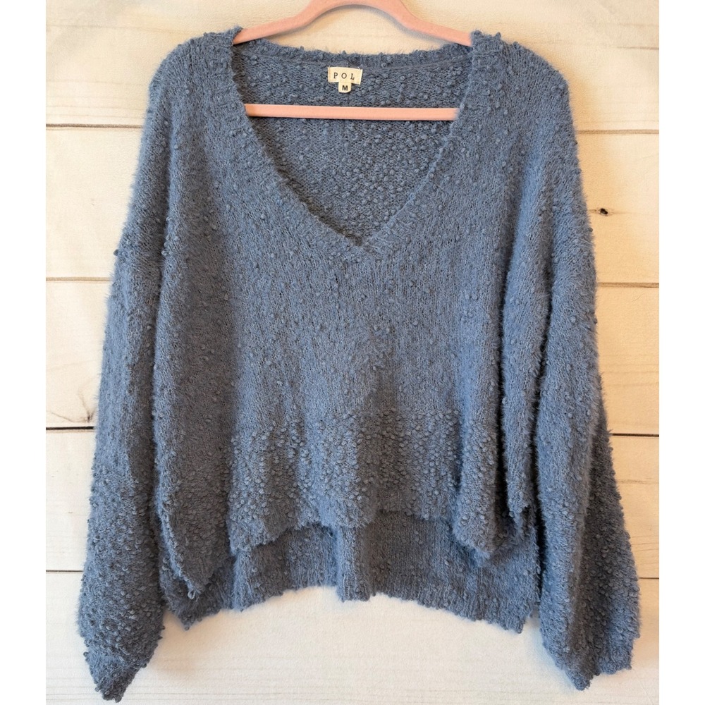 POL Womens V-Neck Popcorn Knit Oversized Sweater Dusty Blue Boho Slouchy M